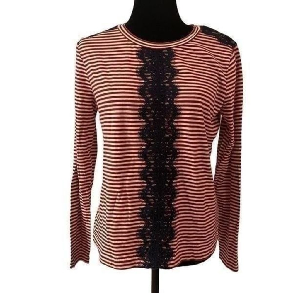 J. Crew Red and White Long Sleeve Tee with Blue Lace Accents